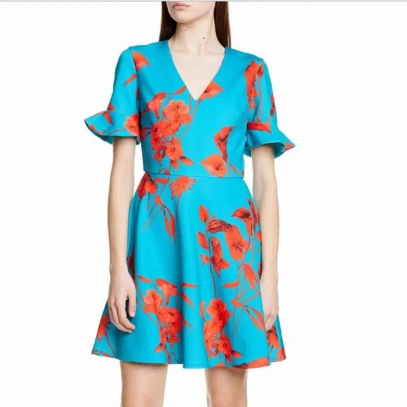 Ted Baker Floral V-Neck Fantasia skater Dress in Turquoise with Orange Blooms - Picture 2 of 4